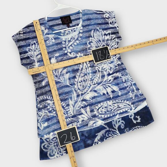 French Blue T Shirt Womens Size Petite Large Floral Stripe Short Sleeve Summer - Picture 4 of 11